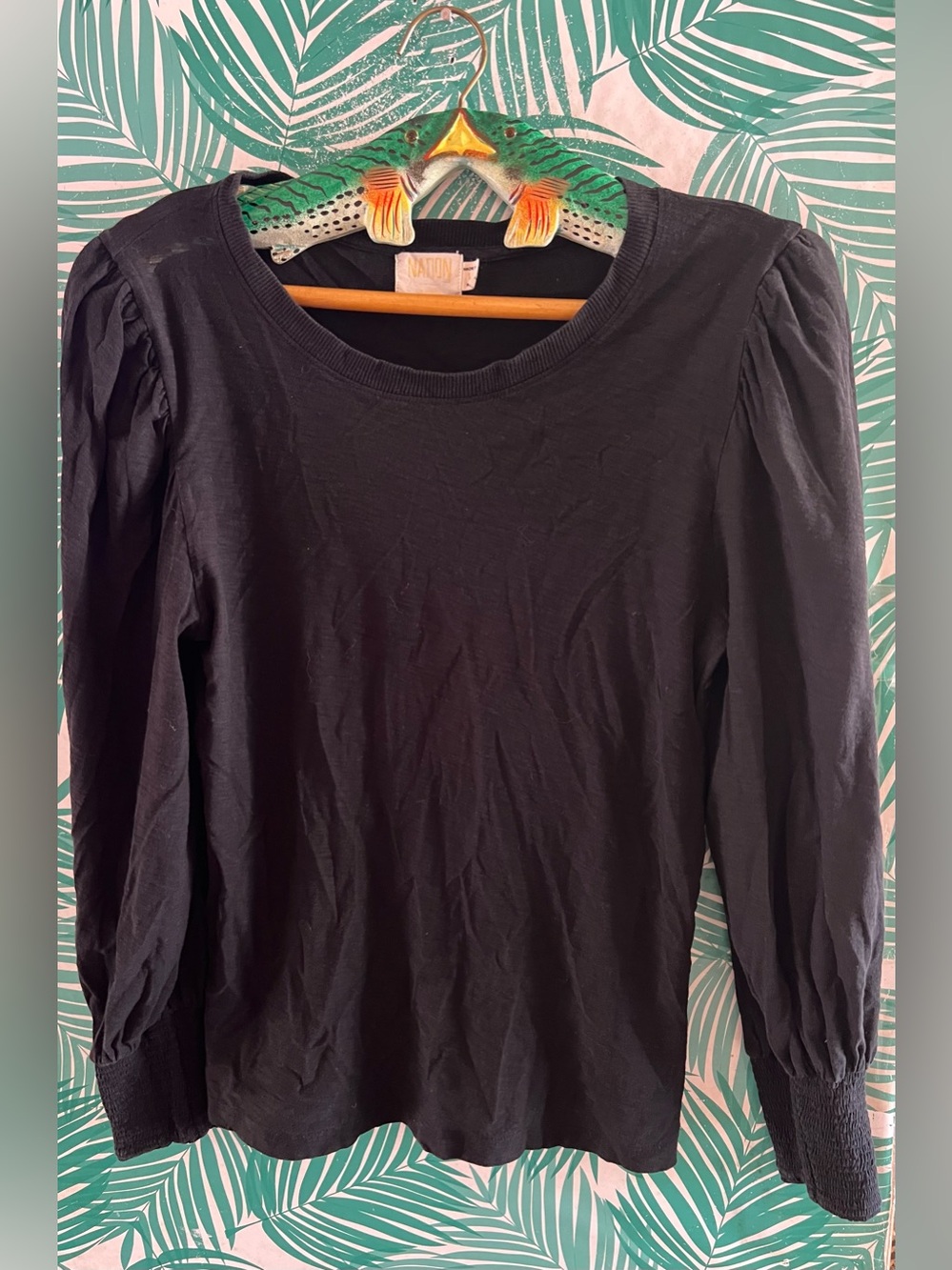 Nation LTD Black Voluminous Balloon Long Sleeve Top smocked cuffs Sz L